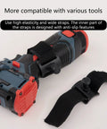 Heavy Duty Drill Belt Clip Hook With Auto Lock Release Mechanism For Cordless Drivers Hammer Drills And Impact Tools, showing tool with anti-slip strap.