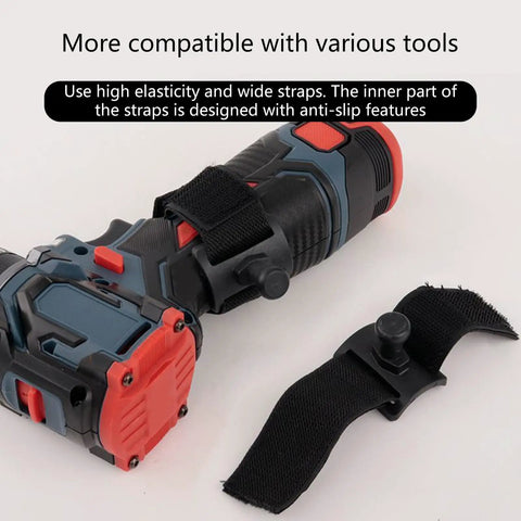 Heavy Duty Drill Belt Clip Hook With Auto Lock Release Mechanism For Cordless Drivers Hammer Drills And Impact Tools, showing tool with anti-slip strap.