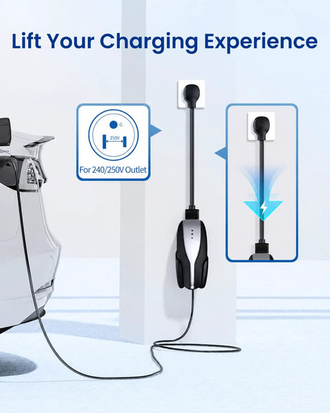 Heavy Duty Nema 6 50 Adapter For Tesla Gen 2 Mobile Connector 240V 32A Ev Charger Plug mounted to a wall outlet.