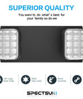 Black emergency lighting fixture with two LED heads, highlighted features, part of 4 Pack Black LED Exit Signs With Battery Backup And Emergency Lights