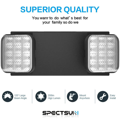 Black emergency lighting fixture with two LED heads, highlighted features, part of 4 Pack Black LED Exit Signs With Battery Backup And Emergency Lights