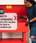 Heavy Duty 40 Gallon Parts Washer With 22 Gal Tank Capacity And Flexible Spray Wand No Nonsense Shop Beast For Cutting Through Grease On Tools And Vehicle Parts Includes Shelf Basket And Scrub Brush being used by a person wearing gloves.