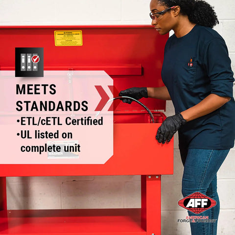 Heavy Duty 40 Gallon Parts Washer With 22 Gal Tank Capacity And Flexible Spray Wand No Nonsense Shop Beast For Cutting Through Grease On Tools And Vehicle Parts Includes Shelf Basket And Scrub Brush being used by a person wearing gloves.
