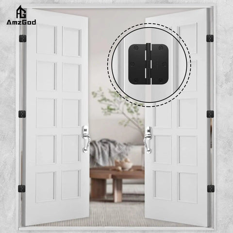 Matte Black 3 1/2 Inch Interior Door Hinges 42 Pack With 294 Screws 5/8 Radius Corners shown on double white interior doors.