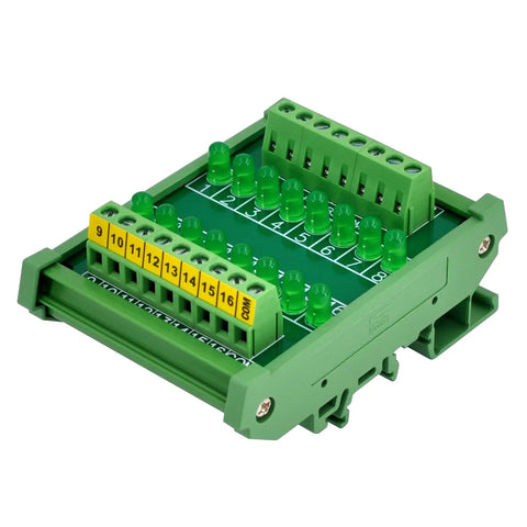 Sixteen Channel Green LED Indicator Light Module For DIN Rail Mount 5 To 50V DC Common Positive And Negative, top view.