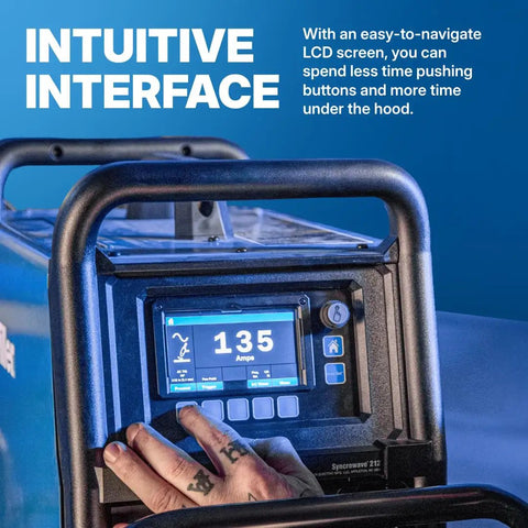 Close-up of Syncrowave 212 Air Cooled Package AC DC TIG Welder With Auto Set Technology LCD interface being adjusted by a hand