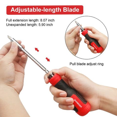 Hands adjusting blade on a multi screwdriver 13 in 1 set with 1/4 nut driver and 12 bits including Torx, flat head, Phillips.