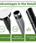 Detailed view of Extra Long Tension Curtain Rod 39 To 173 Inches 3.3 To 14 Feet Outdoor No Drilling For Patio Windows One Click Telescopic Rod Heavy Duty Shower Curtain Rod Room Divider Black Finish, showing non-slip end cap, reinforced rod, and rust-resistant coating.