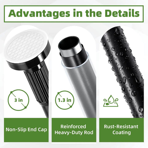 Detailed view of Extra Long Tension Curtain Rod 39 To 173 Inches 3.3 To 14 Feet Outdoor No Drilling For Patio Windows One Click Telescopic Rod Heavy Duty Shower Curtain Rod Room Divider Black Finish, showing non-slip end cap, reinforced rod, and rust-resistant coating.