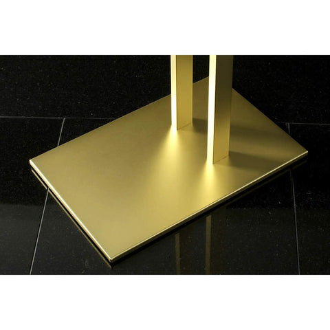 Freestanding Double Towel Rack With Weighted Base In Brushed Brass Finish, stable floor stand on black tile floor