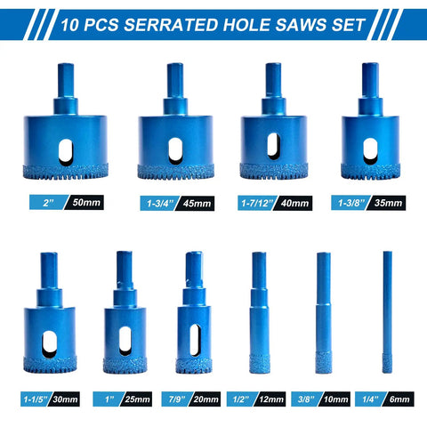 Diamond Core Drill Bits Kit 10 Pcs Serrated Tile Core Bits With EVA Guide Jig For Ceramic Glass Tile Gypsum Wood Marble Granite Includes 6mm To 50mm Brazed Dry Diamond Hole Saw Set Precise Positioner And Durable Storage Bag shown in blue with various sizes from 6mm to 50mm visible.
