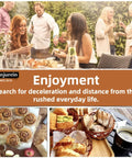 People enjoying a garden brunch with pastries and coffee, promoting enjoyment and deceleration of everyday life since 2010.