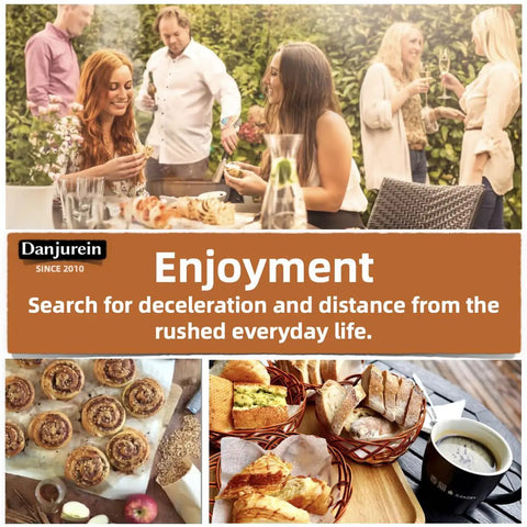 People enjoying a garden brunch with pastries and coffee, promoting enjoyment and deceleration of everyday life since 2010.