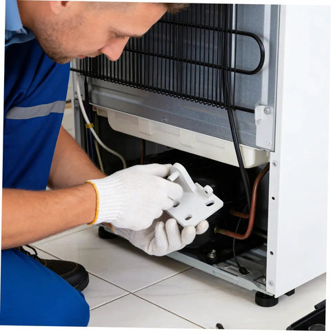 Person installing Rock Solid Metal Refrigerator Lower Hinge Assembly Two Piece Set for freezer door repair.