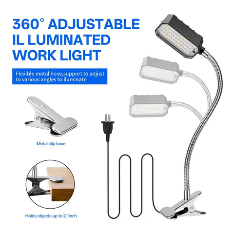 Beastly Bright Clamp Lamp With 2000 Lumens, 20W LED Sewing Machine Work Light, showing adjustable metal hose and clamp base.