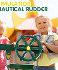 Children playing with green steering wheel from Pirate Themed Playground Accessories Set For Swing Set 9 Piece Outdoor Playhouse Kit
