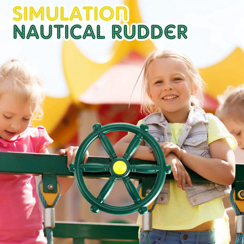 Children playing with green steering wheel from Pirate Themed Playground Accessories Set For Swing Set 9 Piece Outdoor Playhouse Kit