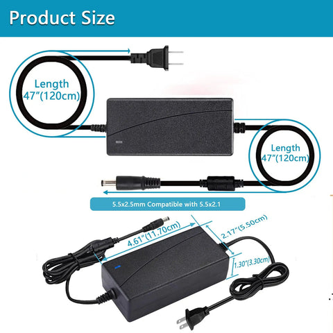 DC 12V 5A Power Supply Adapter Transformer with 100 To 240V AC Input and 5.5x2.5mm DC Output Jack with detailed dimensions