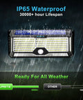 Ultra Bright Solar Outdoor Lights With 358 LEDs And Up To 3000 Lumens, Motion Sensor Floodlight showcased in rain demonstrating water resistance