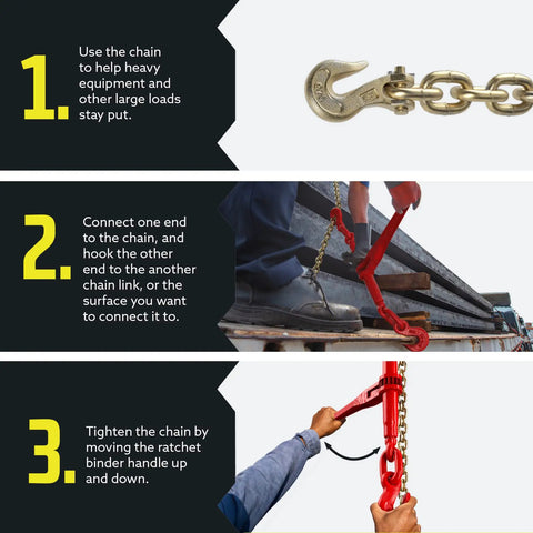 Heavy Duty Ratcheting Chain Binder Set 3/8 To 1/2 Inch Chain, securing load with red handle, forging steel use illustration