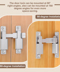 Durable 90 180 Degree Barn Door Lock Latch Kit With Screws And Glue installed on wooden door, showing 90 and 180-degree views.
