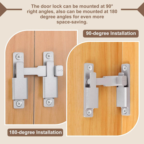 Durable 90 180 Degree Barn Door Lock Latch Kit With Screws And Glue installed on wooden door, showing 90 and 180-degree views.