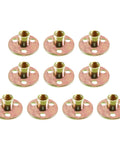 Built Different Rock Solid Heavy Duty Round Base T Nuts 3/8 Inch Thread 17mm Height 36mm Flange Top Shelf Industrial Grade Hardware For Quick Jobs Smooth Operation 10 Pack arranged in rows.