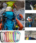 3 Inch Aluminum Carabiner Keychain Set In Pink on backpacks and camping gear outdoors; shown clipped on backpacks and tents in multiple colors.