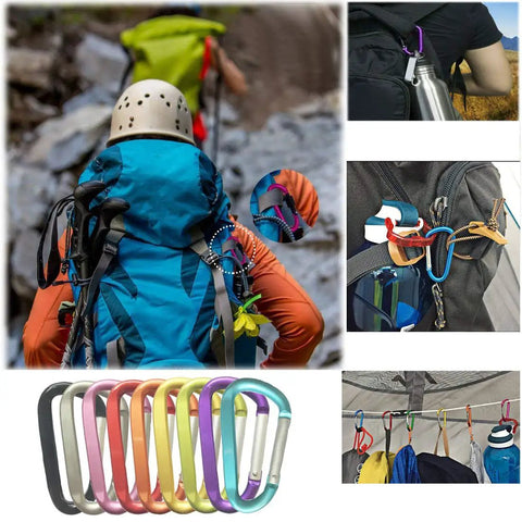 3 Inch Aluminum Carabiner Keychain Set In Pink on backpacks and camping gear outdoors; shown clipped on backpacks and tents in multiple colors.