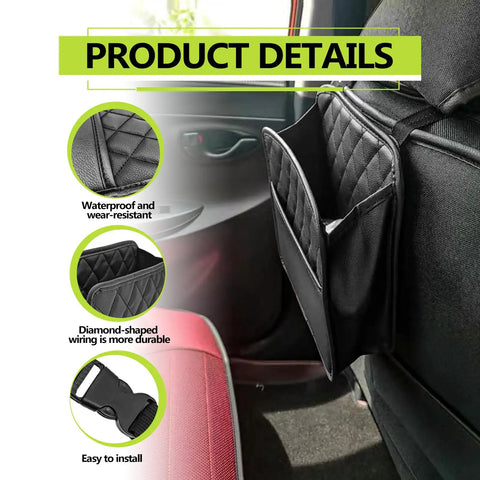 Car Seat Back Organizer PU Leather Hanging Pocket Waterproof Easy To Clean Multipurpose Storage Bag For Small Items Universal Fit For Car SUV Truck Black installed on a vehicle seat.