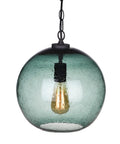 Hand Blown Glass Pendant Light In Fir Green Seeded Bubbles, Cool Modern Farmhouse Globe Ceiling Fixture, 12 Inch Diameter