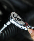 Three Eighth Inch Drive Flex Head Ratchet With Long Handle That Helps You Squeeze Into Tight Spots 72 Tooth Quick Release Swivel Socket Wrench CrMo Head Flexible Handle 18 Inch Length For Tight Space Access in use