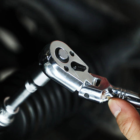 Three Eighth Inch Drive Flex Head Ratchet With Long Handle That Helps You Squeeze Into Tight Spots 72 Tooth Quick Release Swivel Socket Wrench CrMo Head Flexible Handle 18 Inch Length For Tight Space Access in use