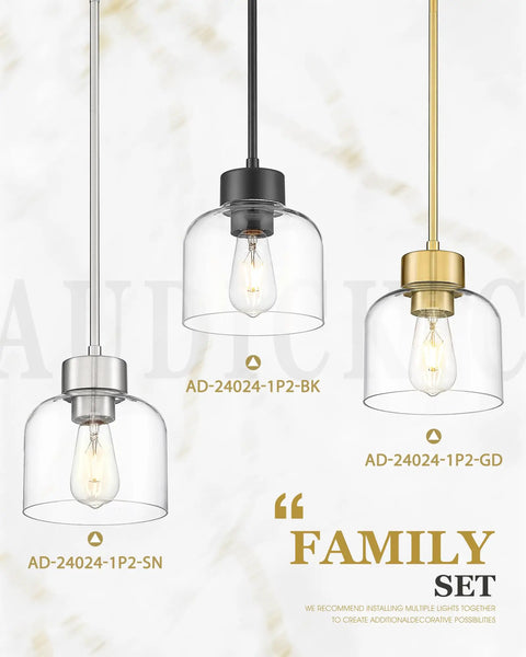 2 Pack 7 Inch Brushed Gold Pendant Lights With Crystal Clear Glass Shades For Kitchen Island And Dining Room shown in a family set.