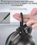 Heavy Duty Self Latching Gate Hook With Spring Release Cable showing cable fitting for various fence thicknesses.