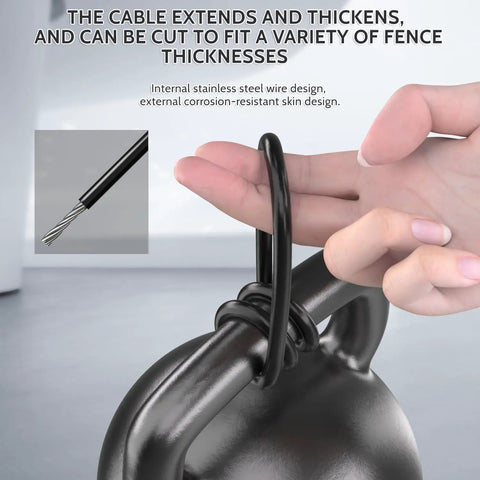 Heavy Duty Self Latching Gate Hook With Spring Release Cable showing cable fitting for various fence thicknesses.