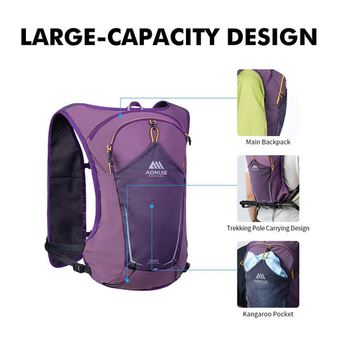 Ultra Lightweight 8L Hydration Vest With 500ml Bottle for Men and Women showing main backpack, trekking pole design, and kangaroo pocket.