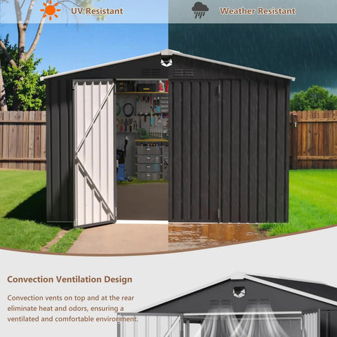 Outdoor Metal Storage Shed Black 10x12 Ft With Lockable Doors And Clear Window Waterproof Tool Storage Building