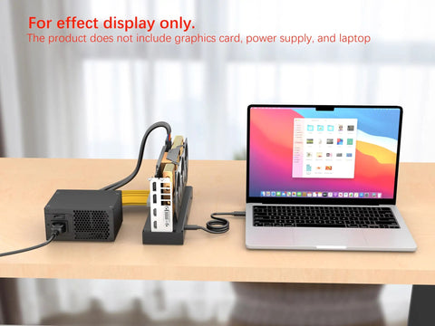 Level Up Your Portable Setup With This Rock Solid Mini Egpu Enclosure offering Thunderbolt Four and USB4 bandwidth for Nvidia or AMD PCIe video cards, with power supply and laptop for reference.