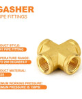 Five Pack Brass Cross 4 Way Pipe Fitting One Eighth Inch NPT Female Thread Connector For Plumbing And Air Lines