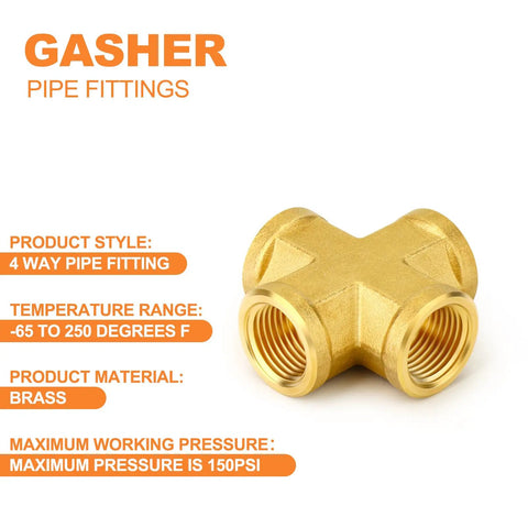 Five Pack Brass Cross 4 Way Pipe Fitting One Eighth Inch NPT Female Thread Connector For Plumbing And Air Lines
