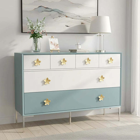 Dresser with Brushed Gold Flower Cabinet Knobs Set Of 8 With 19mm 25mm And 38mm Screws 2.4 Inch Dope Gold Hardware