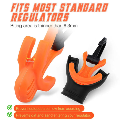 Scuba Octo Plug Two Pack Regulator Octopus Retainer Mouthpiece Holder With Black Clip shown with size details