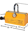 Heavy Duty Neodymium Magnetic Lifter for Steel Plates With 1200 Pound Flat Capacity Chain Hoist Hook Mount dimensions and features shown.