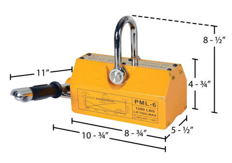 Heavy Duty Neodymium Magnetic Lifter for Steel Plates With 1200 Pound Flat Capacity Chain Hoist Hook Mount dimensions and features shown.