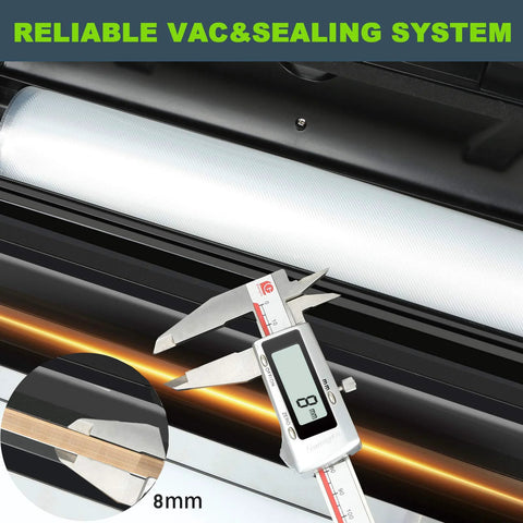 Potane precision vacuum machine close-up with silver bag roll and digital caliper showing 8 mm