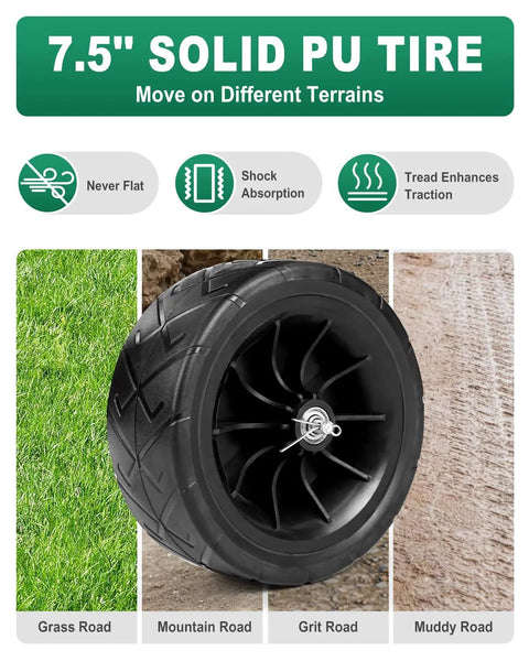 7.5 inch solid PU tire on heavy duty garden hose reel cart, suitable for grass, mountain, grit, and muddy roads.