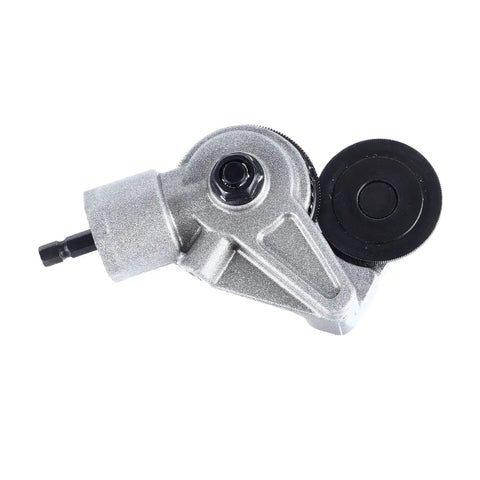 Upgrade Your Cordless Drill With This Versatile Sheet Metal Cutter Kit mounted drill attachment with a 7mm toothed disc for metal cutting.