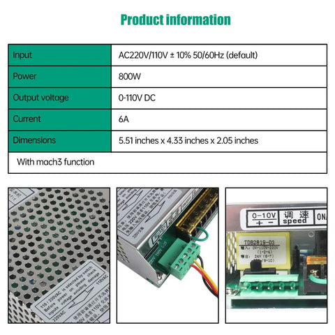 Detailed view of 800W Mach3 CNC Spindle Motor Speed Controller and Power Supply with specifications table and close-ups.