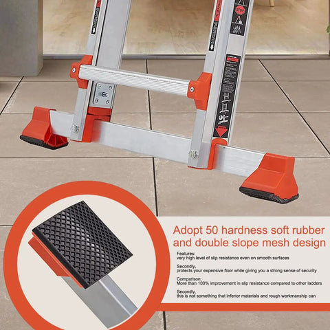 Beefy 14 Foot A Frame 4 Step Folding Ladder With Anti Slip Rungs Multi Position Aluminum Telescoping Ladder 330 Lb Weight Capacity Indoor Outdoor Home Roof Access Portable Storage, lower frame with rubber feet